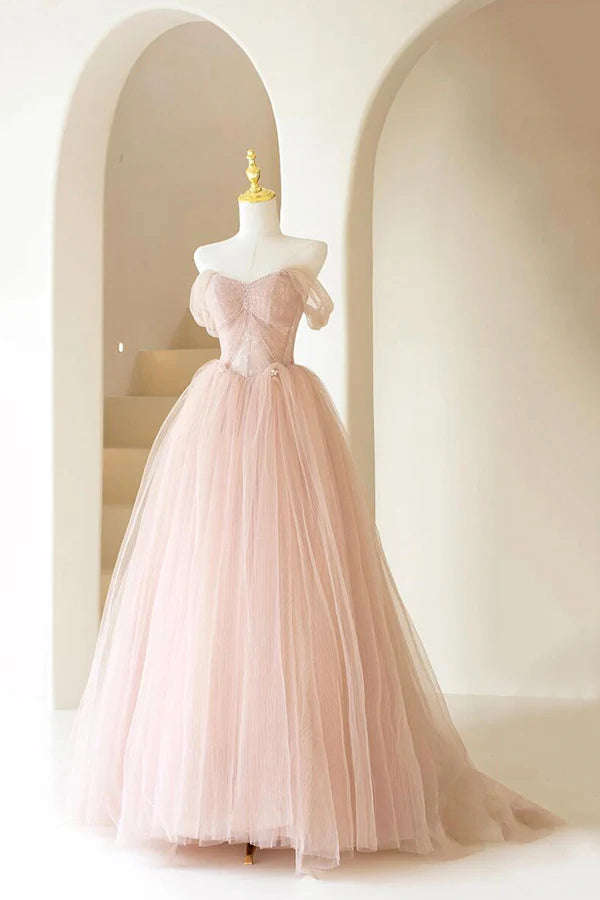 Wholesale Pink Tulle Lace Long Formal Dress Beautiful A-Line Off Shoulder Pink Prom Dress