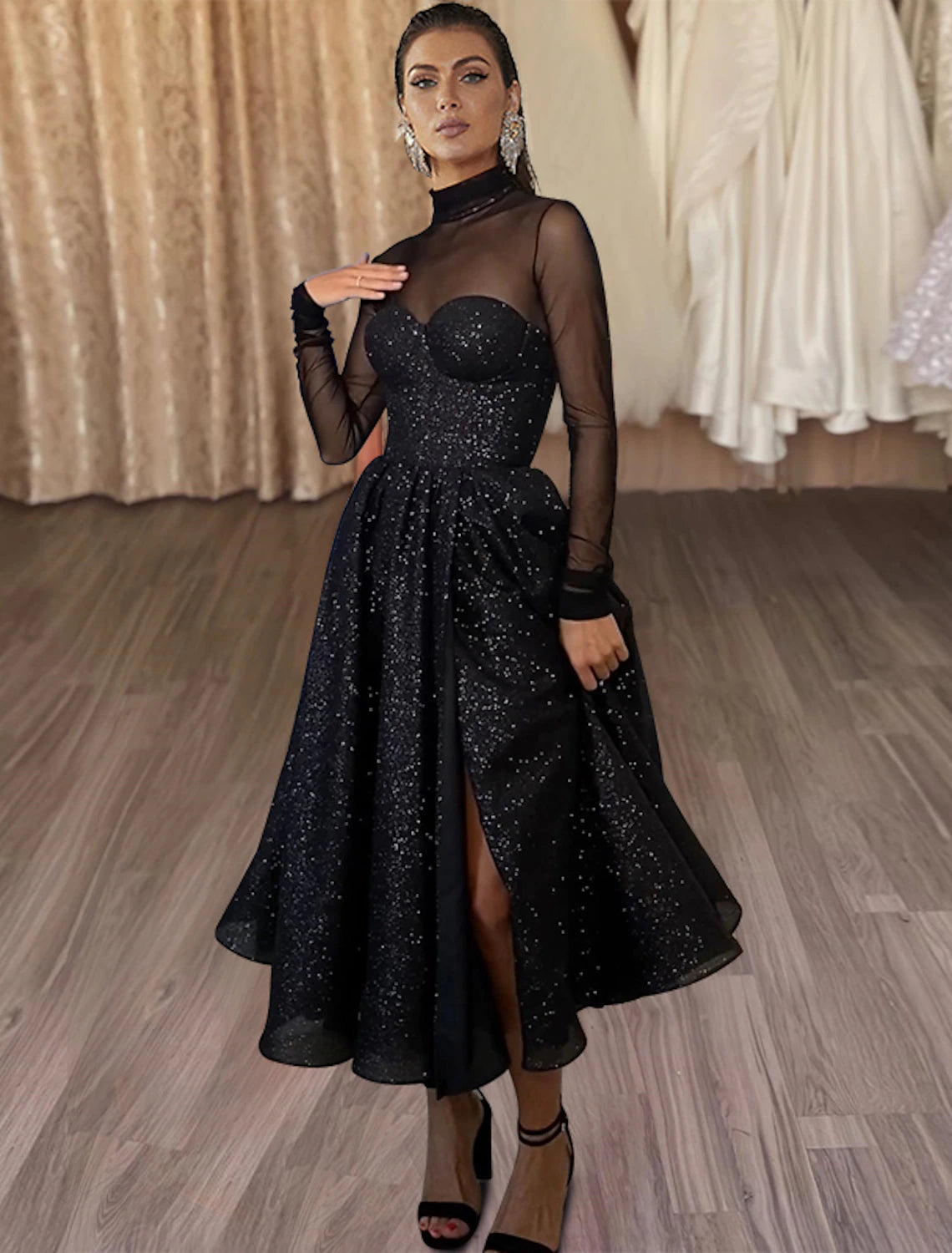 Wholesale A-Line Cocktail Dresses Sparkle & Shine Dress Party Wear Wedding Party Tea Length Long Sleeve High Neck Wednesday Addams Family Tulle with Glitter