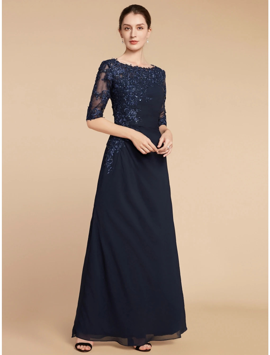 Wholesale Sheath / Column Mother of the Bride Dress Wedding Guest Elegant Scoop Neck Ankle Length Chiffon Lace Half Sleeve with Sequin Ruching Solid Color
