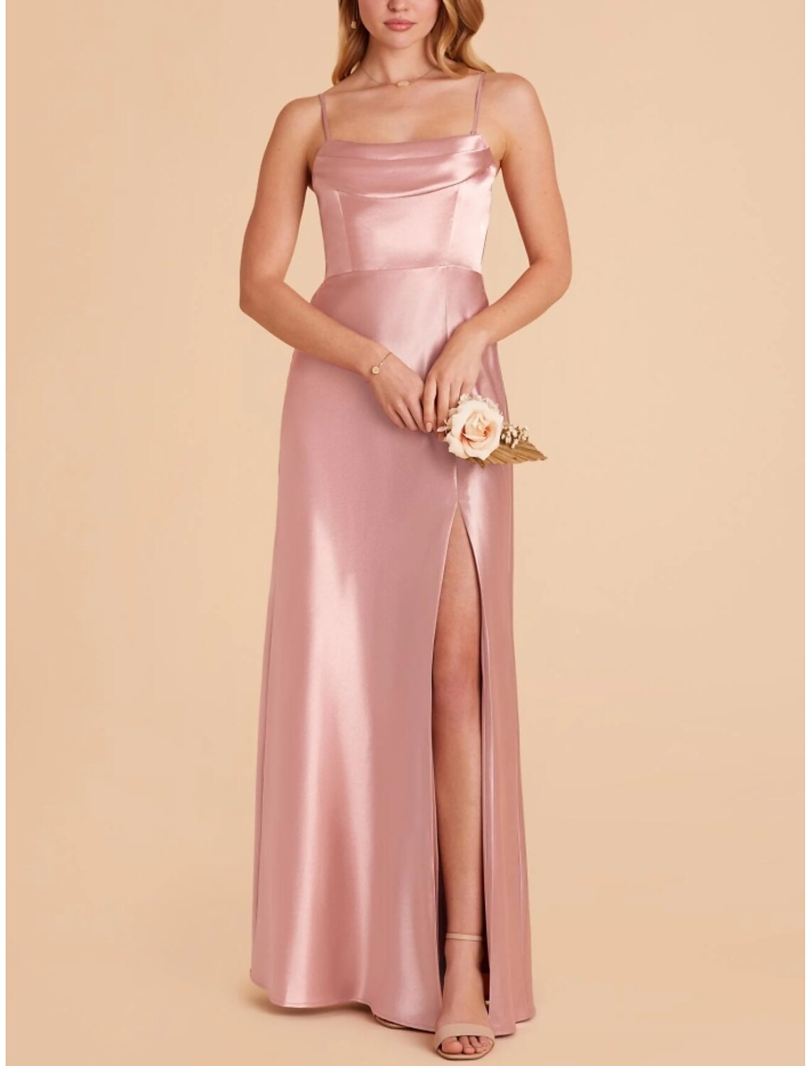 Wholesale A-Line Bridesmaid Dress Spaghetti Strap Sleeveless Pink Ankle Length Stretch Satin with Split Front / Ruching
