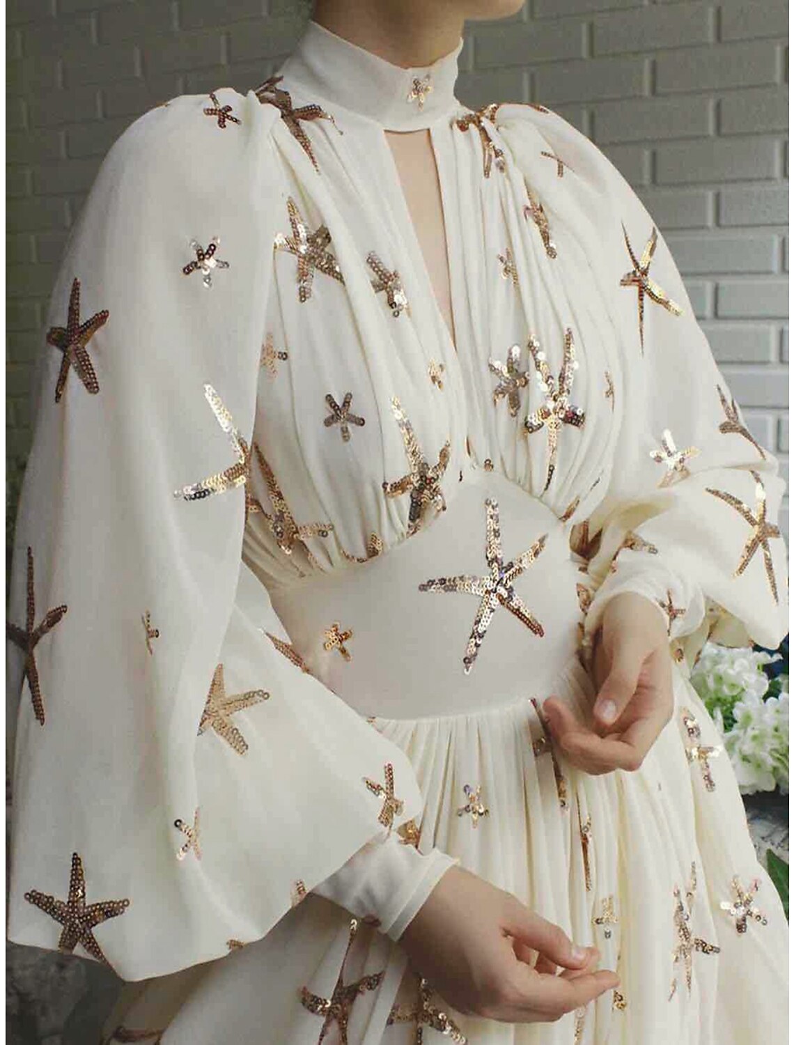 Wholesale Women's Sequin Dress Prom Dress Party Dress Sparkly Dress Homecoming Dress Long Dress Maxi Dress Light Yellow Long Sleeve Star Fall Winter Stand Collar Modern Fall Dress