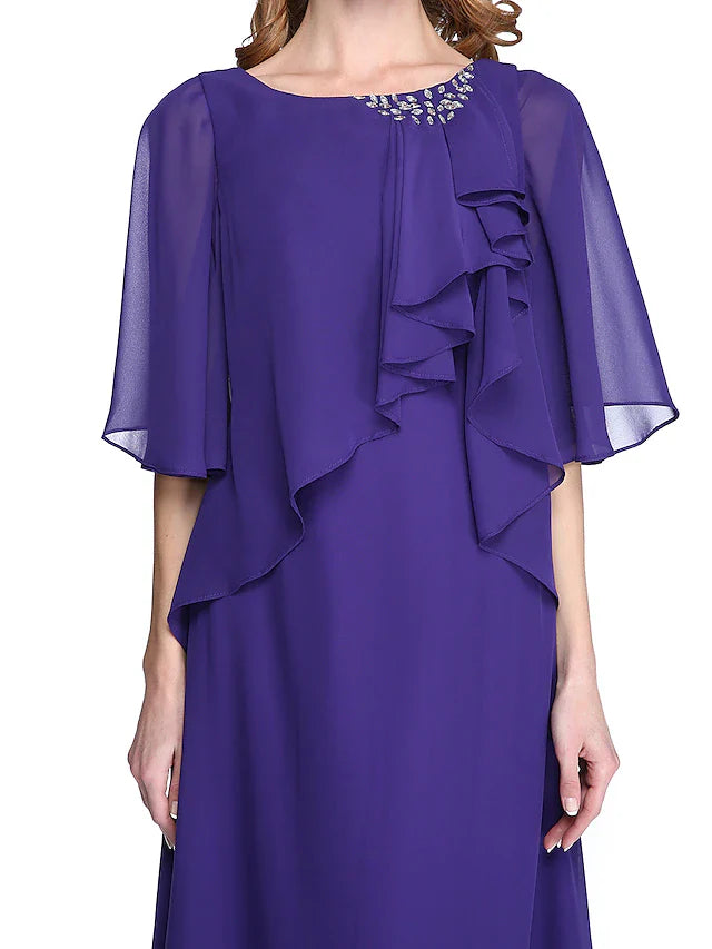 Wholesale Sheath / Column Mother of the Bride Dress Elegant Open Back Jewel Neck Floor Length Chiffon Half Sleeve with Pleats Beading Ruffle