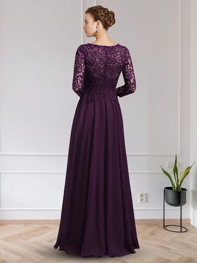 Wholesale A-Line Mother of the Bride Dress Elegant V Neck Floor Length Chiffon Lace Long Sleeve with Appliques