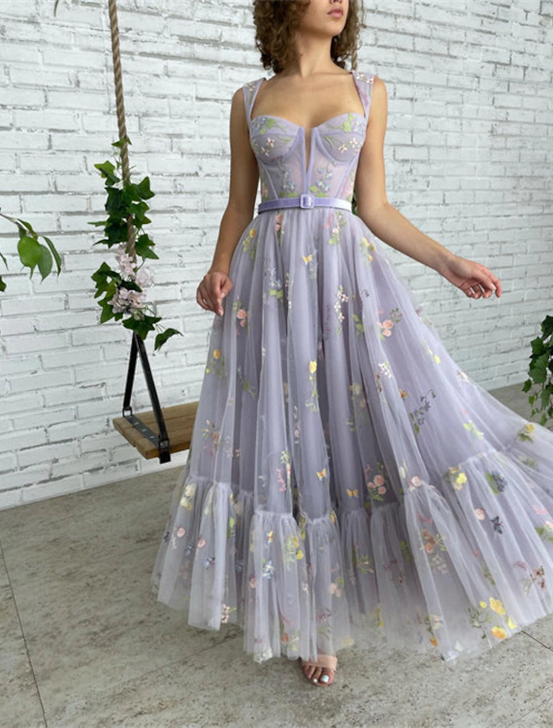 Wholesale A-Line Prom Dresses Floral Dress Formal Evening Birthday Floor Length Short Sleeve Square Neck Fall Wedding Guest Lace with Pleats Appliques
