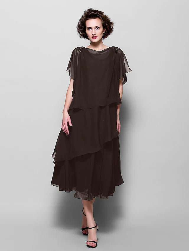 Wholesale A-Line Mother of the Bride Dress Plus Size Elegant Cowl Neck Tea Length Chiffon Short Sleeve with Ruffles Crystal Brooch