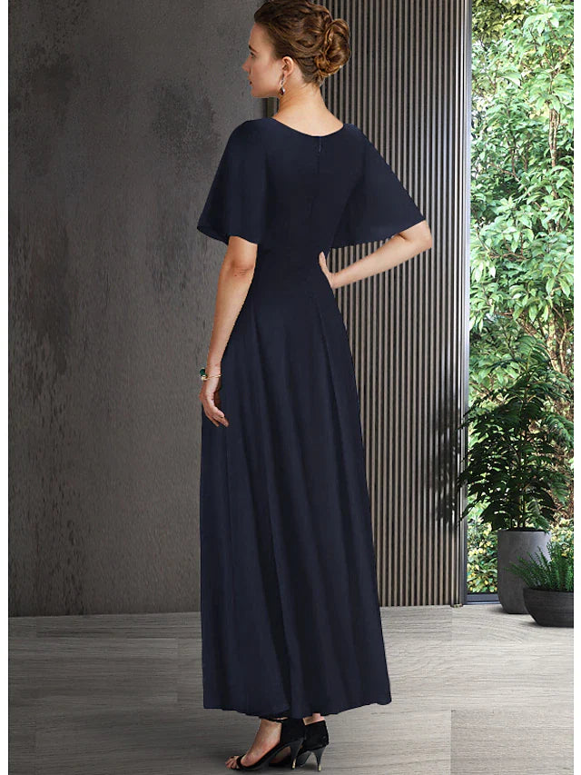Wholesale A-Line Mother of the Bride Dress Elegant V Neck Ankle Length Chiffon Half Sleeve with Pleats Crystal Brooch