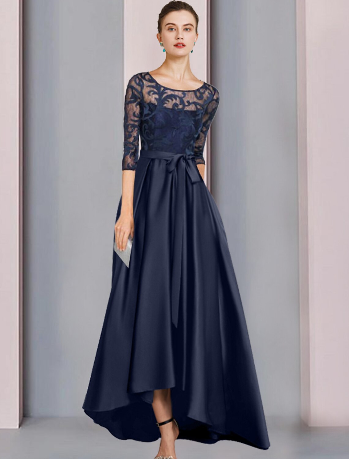 Wholesale  A-Line Mother of the Bride Dress Wedding Guest Elegant High Low Scoop Neck Asymmetrical Floor Length Satin Lace Half Sleeve with Bow(s) Pleats Appliques