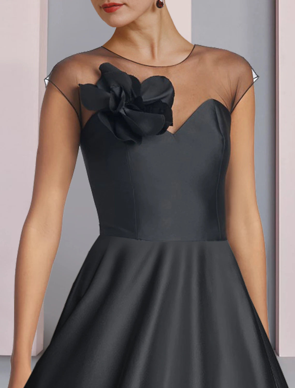 Wholesale A-Line Mother of the Bride Dress Wedding Guest Party Elegant Scoop Neck Tea Length Satin Half Sleeve with Pleats Flower