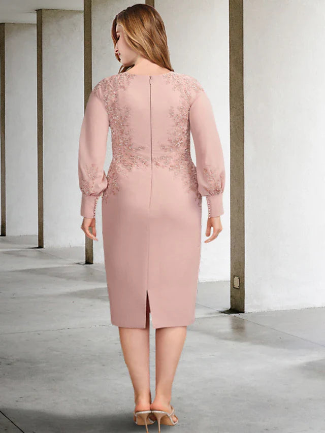 Wholesale Sheath / Column Plus Size Curve Mother of the Bride Dresses Elegant Dress Formal Tea Length Long Sleeve Jewel Neck Chiffon with Appliques