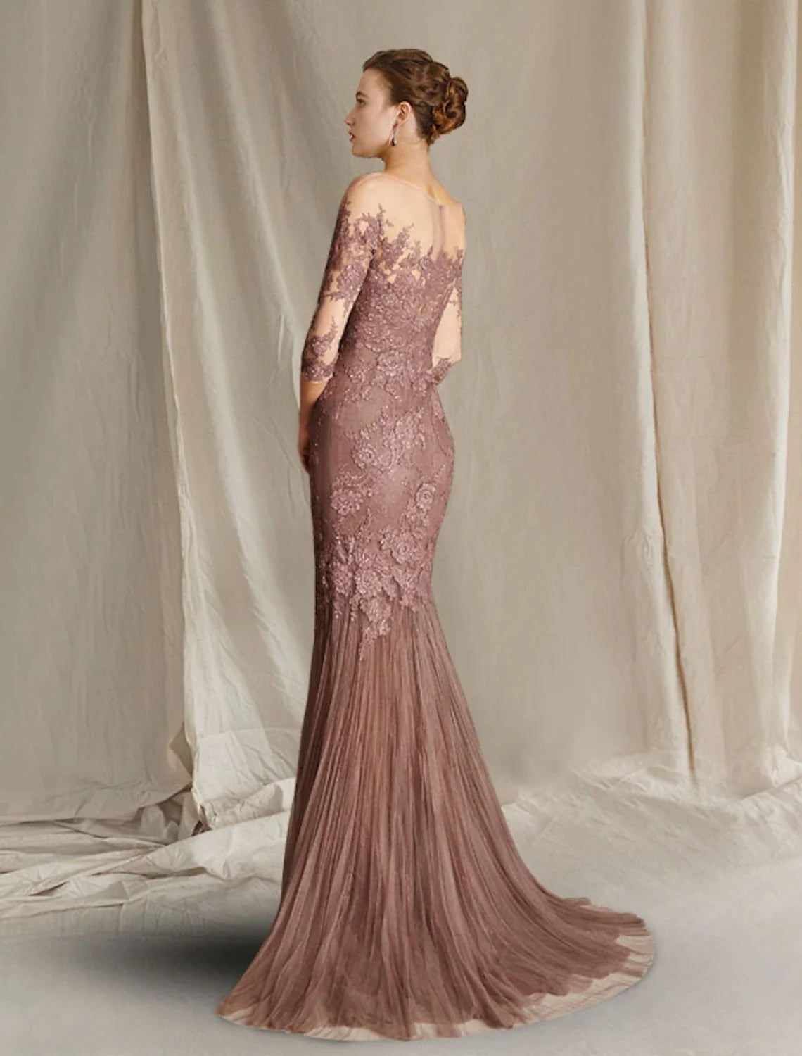 Wholesale Mermaid / Trumpet Mother of the Bride Dress Formal Wedding Guest Elegant Scoop Neck Sweep / Brush Train Lace Tulle Half Sleeve with Appliques