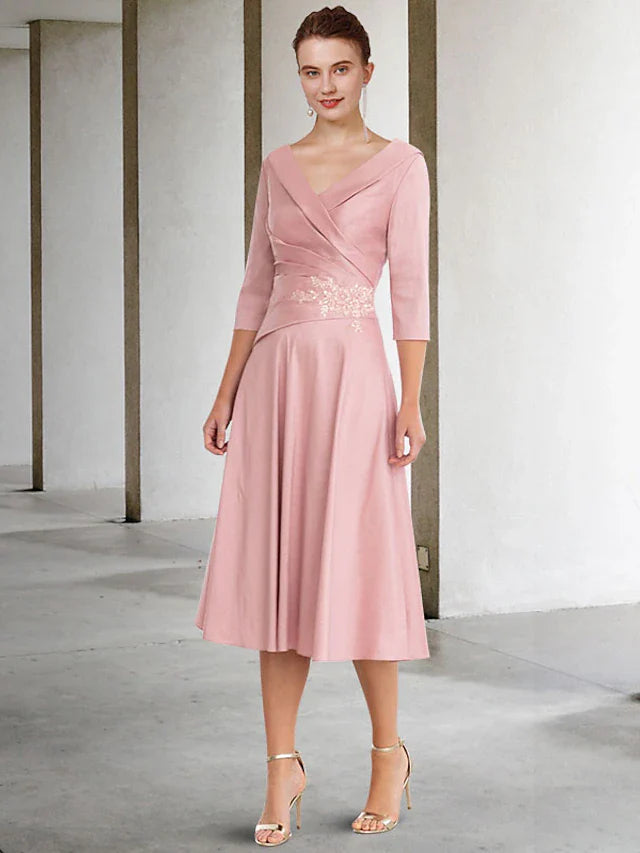 Wholesale A-Line Mother of the Bride Dress Vintage Elegant V Neck Tea Length Satin Lace Half Sleeve with Appliques Side-Draped