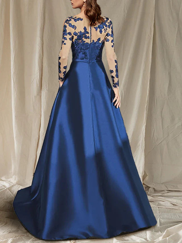 Wholesale A-Line Mother of the Bride Dress Plus Size Elegant V Neck Floor Length Satin Lace Tulle Long Sleeve with Appliques Split Front