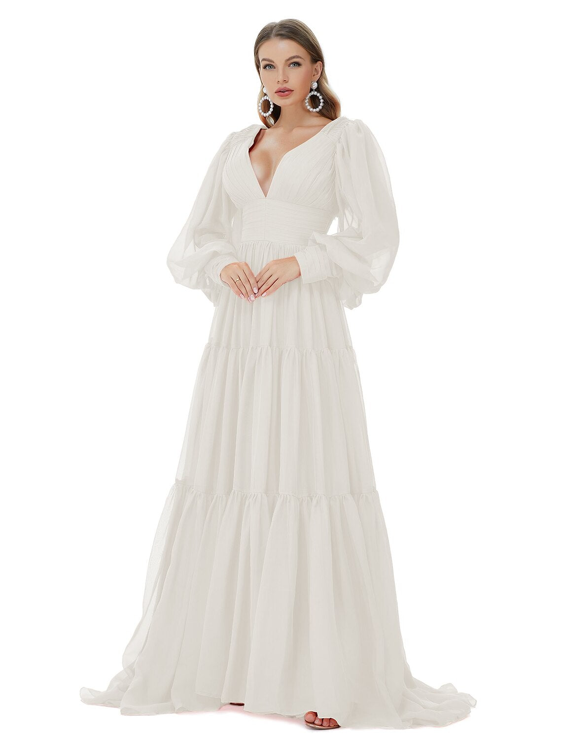 Wholesale  A-Line Prom Dresses Sexy Dress Party Wear Formal Evening Sweep / Brush Train Long Sleeve V Neck Chiffon with Ruched