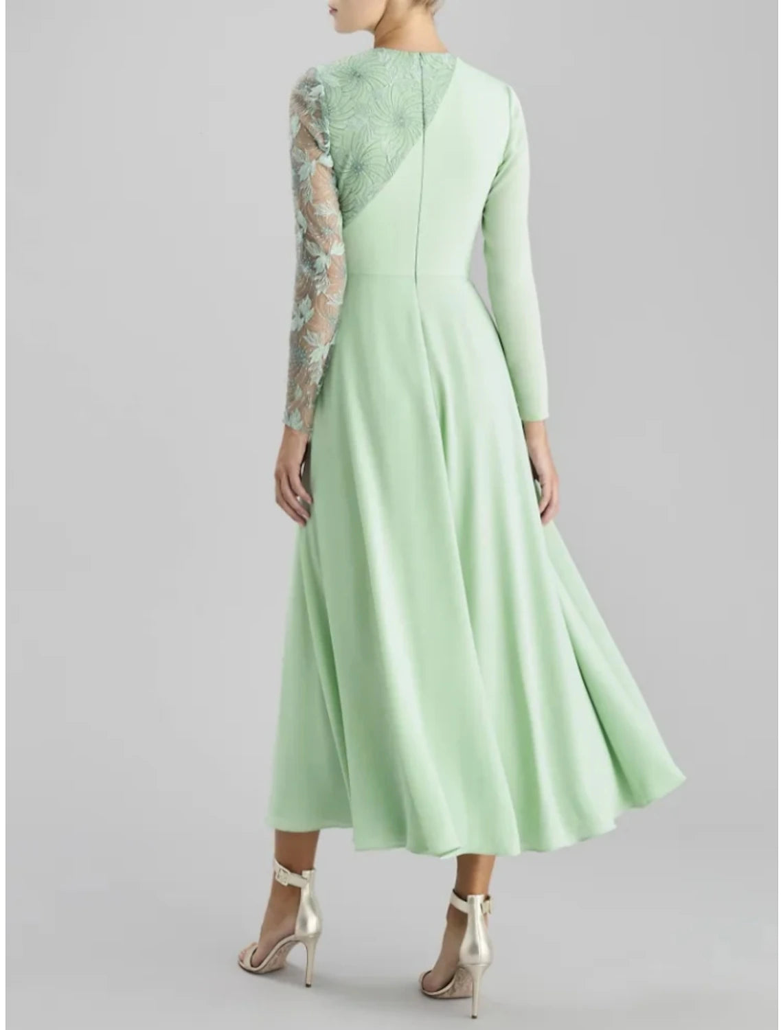 Wholesale A-Line Mother of the Bride Dress Wedding Guest Elegant Party Jewel Neck Tea Length Satin Lace Long Sleeve with Ruching Solid Color