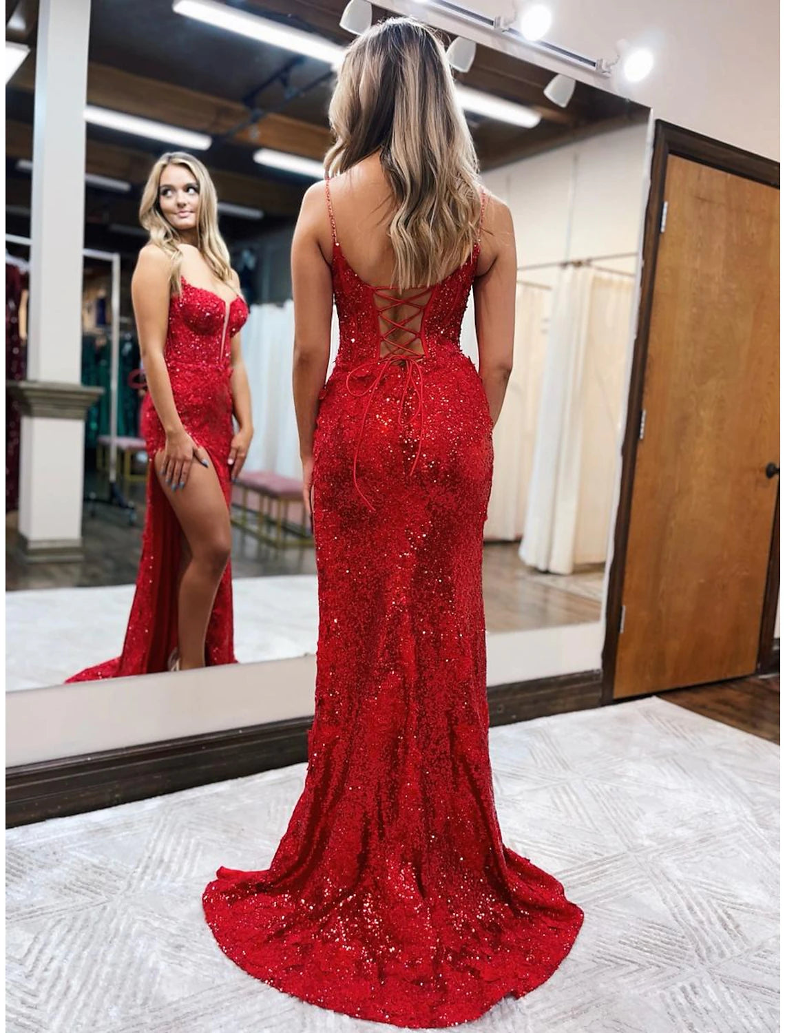 Wholesale  Mermaid / Trumpet Prom Dresses Sparkle & Shine Dress Formal Wedding Party Sweep / Brush Train Sleeveless Spaghetti Strap Sequined Backless with Beading Sequin Slit