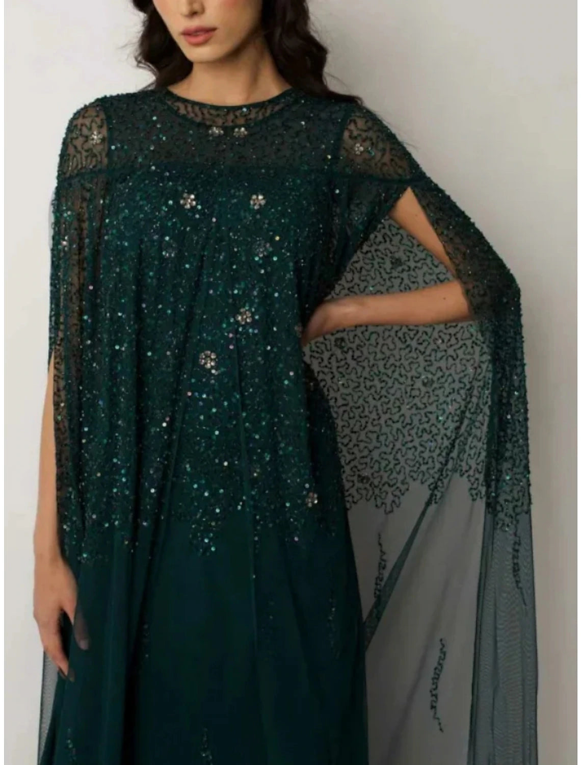 Wholesale Sheath / Column Mother of the Bride Dress Wedding Guest Elegant Jewel Neck Sweep / Brush Train Stretch Chiffon Short Sleeve with Sequin Ruching Solid Color