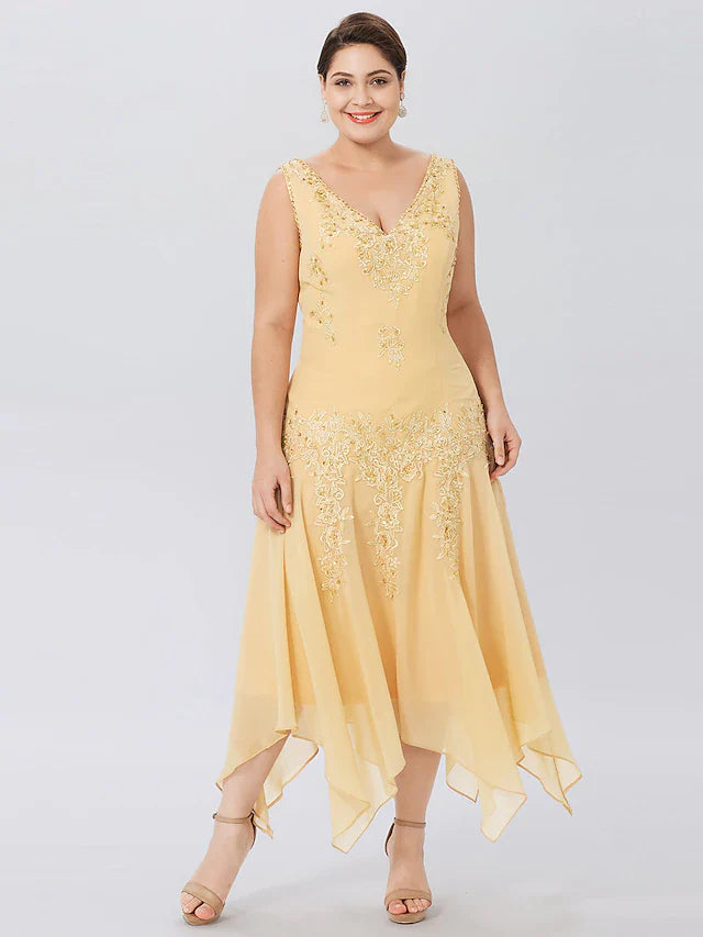 Wholesale A-Line Mother of the Bride Dress Formal Plus Size Elegant High Low V Neck Asymmetrical Chiffon Beaded Lace Long Sleeve Wrap Included with Beading Appliques