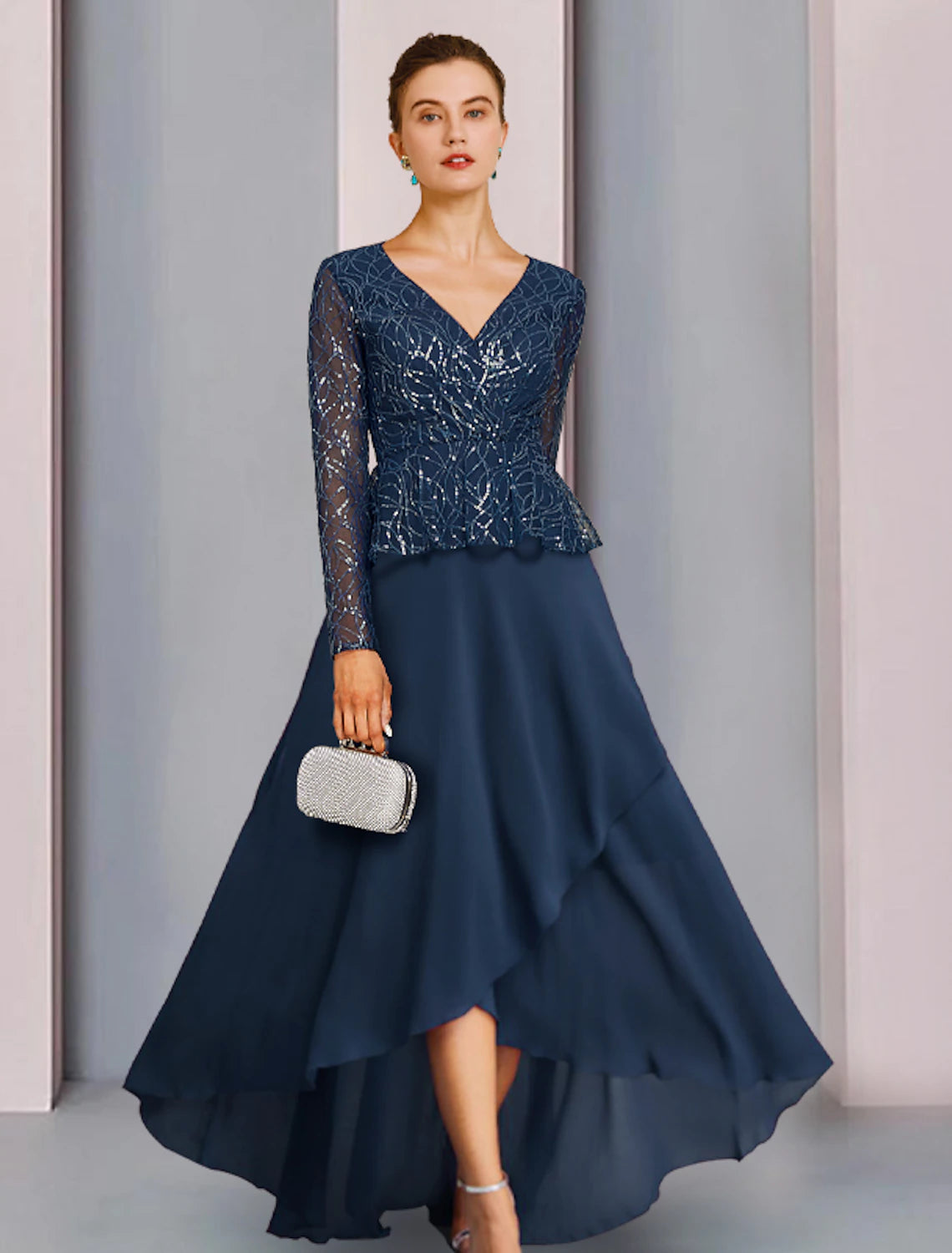 Wholesale  Sheath / Column Mother of the Bride Dress Wedding Guest Elegant Sparkle & Shine V Neck Asymmetrical Chiffon Lace Sequined Long Sleeve with Pleats