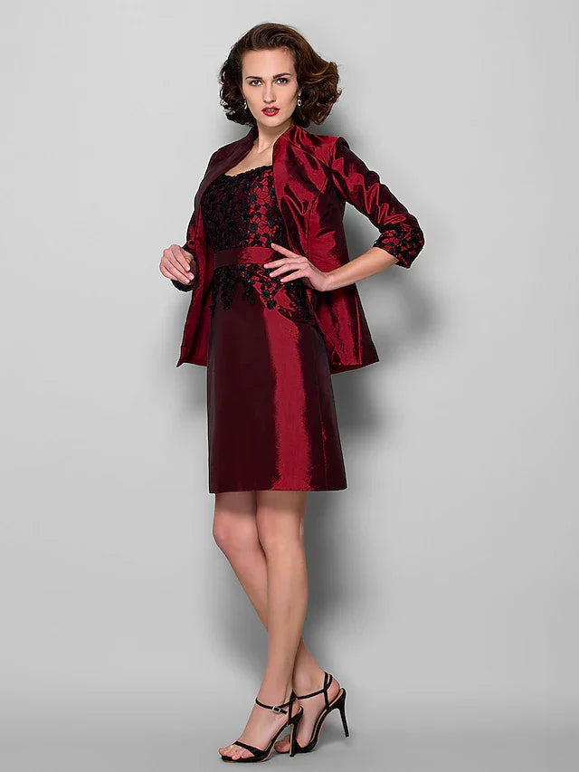 Wholesale Sheath / Column Mother of the Bride Dress Wrap Included Scoop Neck Knee Length Taffeta 3/4 Length Sleeve with Lace Sash / Ribbon