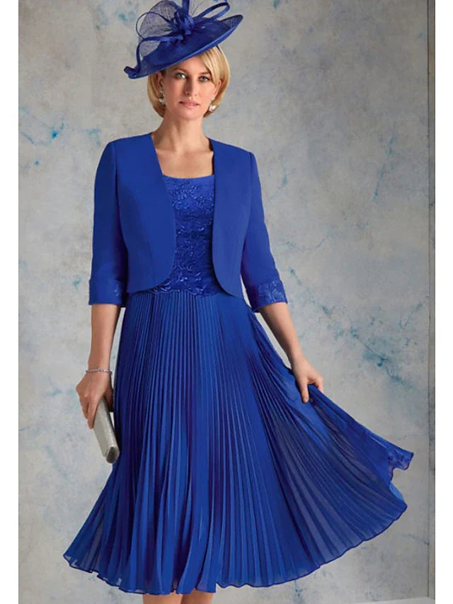 Wholesale Two Piece Mother of the Bride Dress Church Elegant & Luxurious Scoop Neck Tea Length Chiffon 3/4 Length Sleeve Short Jacket Dresses with Lace Ruching