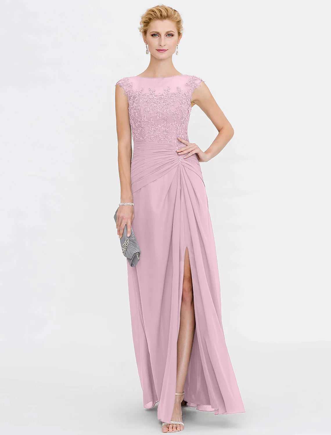 Wholesale A-Line Mother of the Bride Dress Wedding Guest Elegant See Through Bateau Neck Floor Length Chiffon Lace Sleeveless with Side Draping Fall