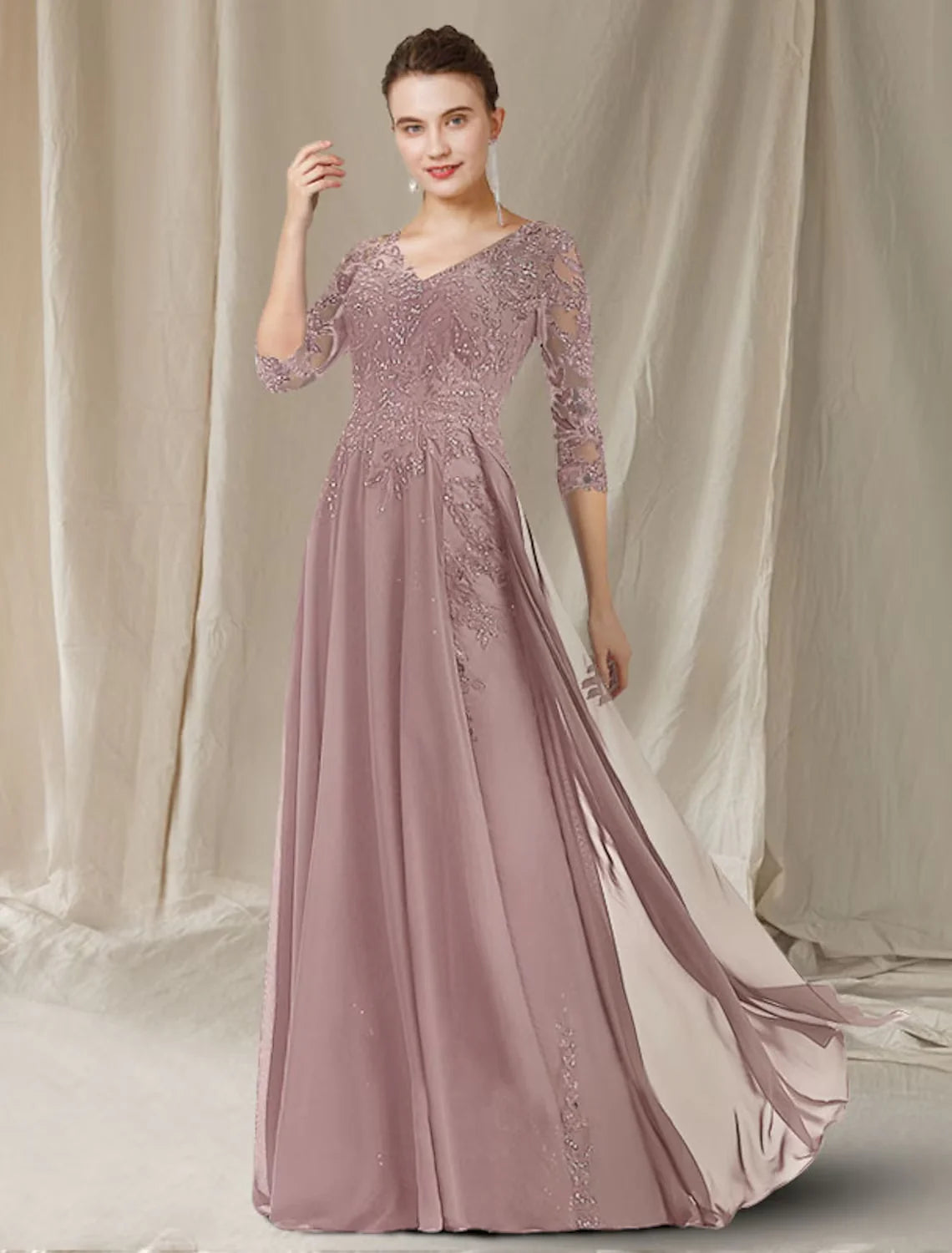 Wholesale A-Line Mother of the Bride Dress Elegant V Neck Floor Length Chiffon Lace Sequined Half Sleeve with Sequin Appliques