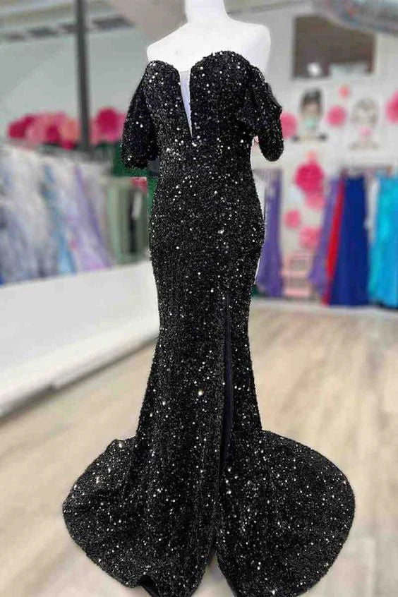 Wholesale Mermaid Off-the-shoulder Sparkly Sequined Prom Dress with Side Slit