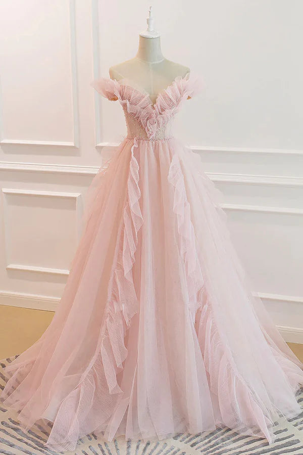 Wholesale Pink V-Neck Tulle Long Prom Dress Off the Shoulder Evening Graduation Dress