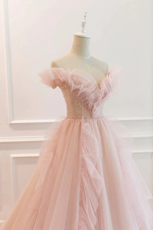 Wholesale Pink V-Neck Tulle Long Prom Dress Off the Shoulder Evening Graduation Dress