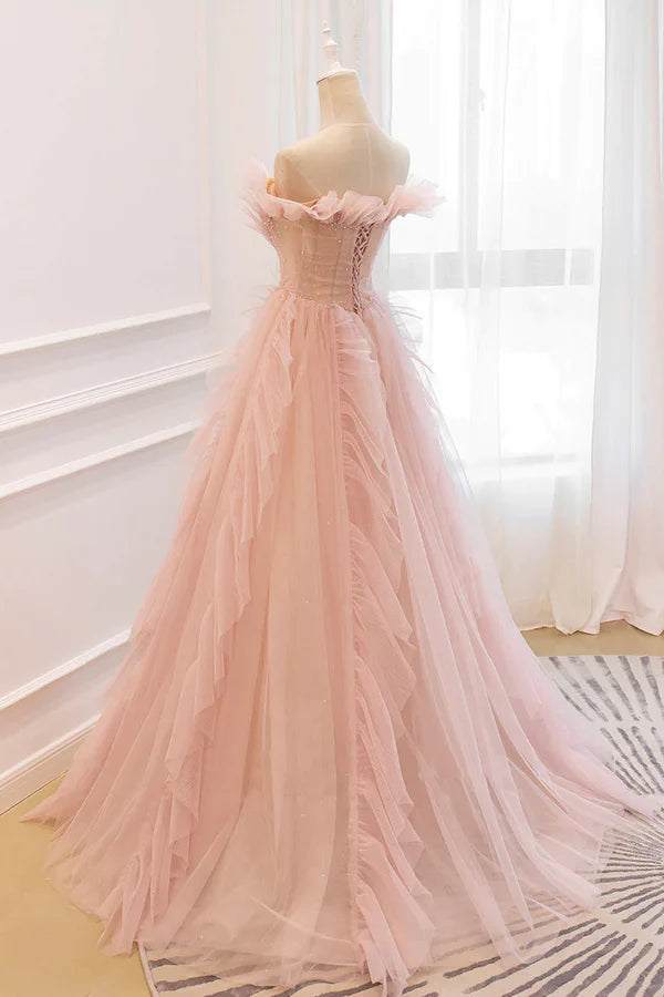 Wholesale Pink V-Neck Tulle Long Prom Dress Off the Shoulder Evening Graduation Dress