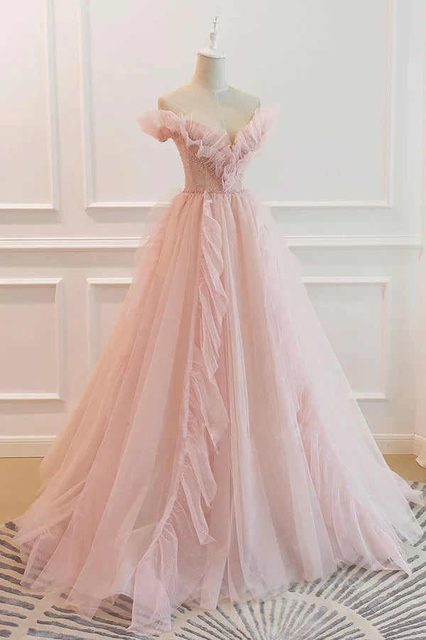 Wholesale Pink V-Neck Tulle Long Prom Dress Off the Shoulder Evening Graduation Dress