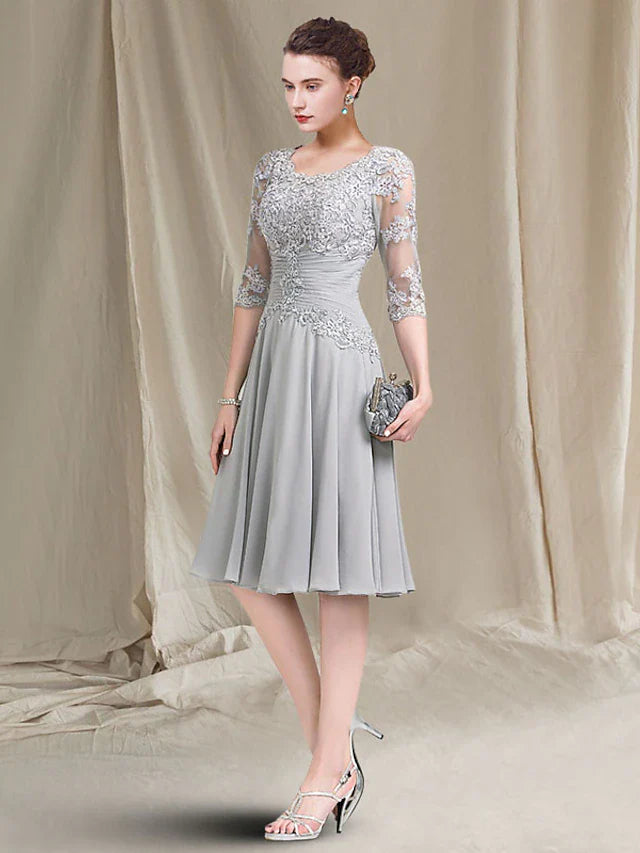 Wholesale A-Line Mother of the Bride Dress Elegant Square Neck Knee Length Chiffon Lace Half Sleeve with Ruched Appliques