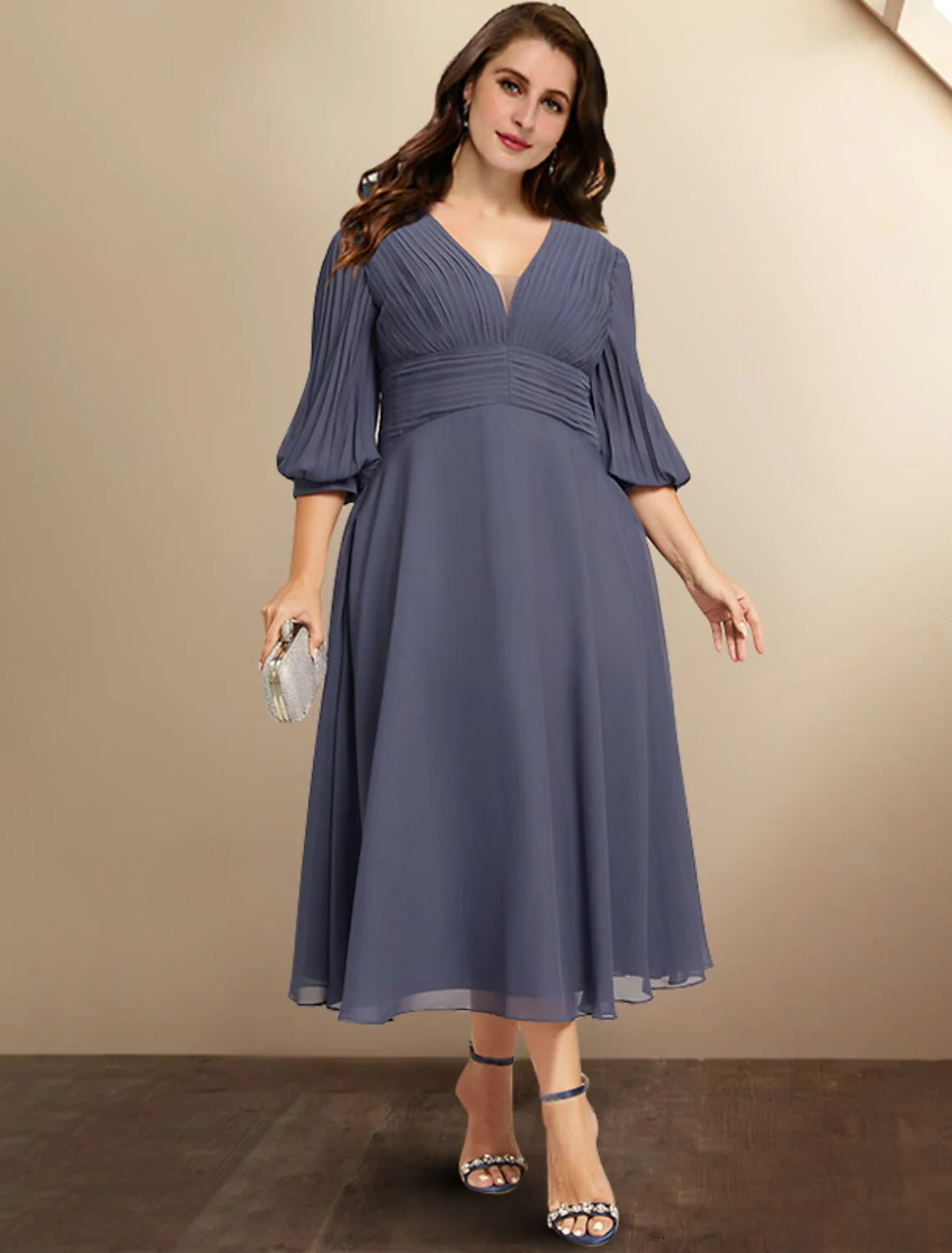 Wholesale A-Line Mother of the Bride Dresses Plus Size Hide Belly Curve Elegant Dress Formal Tea Length Half Sleeve V Neck Chiffon with Pleats Ruched Fall