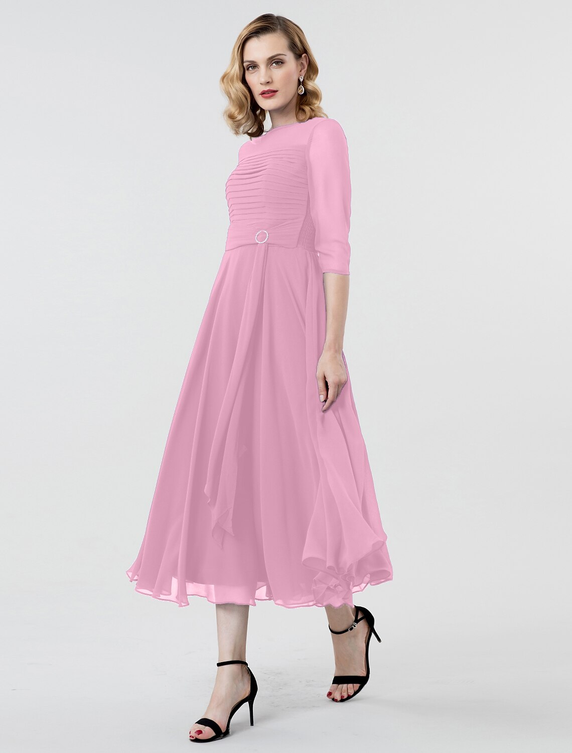 Wholesale  A-Line Elegant Formal Evening Wedding Party Dress Boat Neck 3/4 Length Sleeve Tea Length Georgette with Ruched Crystal Brooch