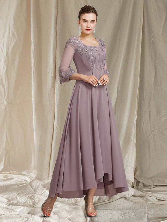 Wholesale Sheath / Column Mother of the Bride Dress Elegant High Low Square Neck Asymmetrical Ankle Length Chiffon Lace 3/4 Length Sleeve with Pleats Appliques