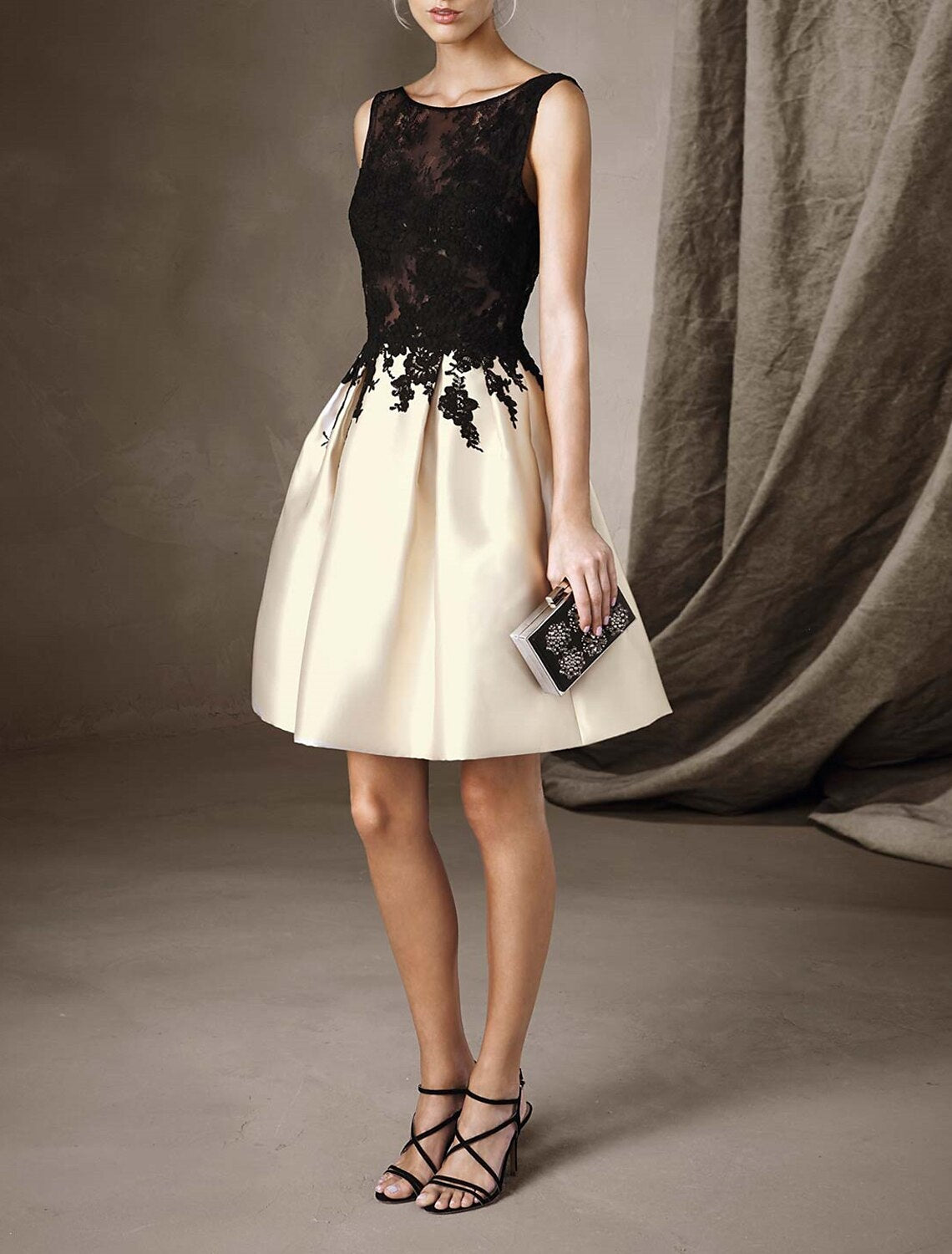 Wholesale A-Line Cocktail Dresses Kentucky Derby Color Block Dress Party Wear Knee Length Sleeveless Jewel Neck Satin with Pleats Embroidery