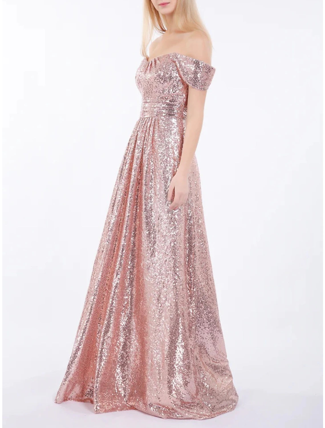 Wholesale A-Line Bridesmaid Dress Off Shoulder Short Sleeve Elegant Floor Length Sequined with Ruching