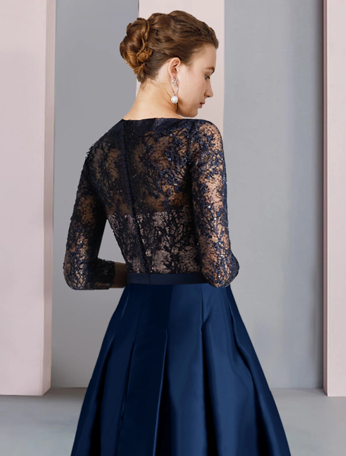 Wholesale  A-Line Mother of the Bride Dress Formal Wedding Guest Party Elegant V Neck Tea Length Satin Lace Half Sleeve with Bow(s) Ruching