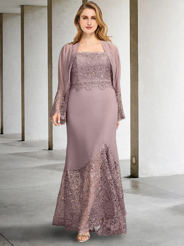 Wholesale Two Piece A-Line Plus Size Curve Mother of the Bride Dresses Elegant Dress Formal Asymmetrical Sleeveless Square Neck Chiffon with Appliques Splicing