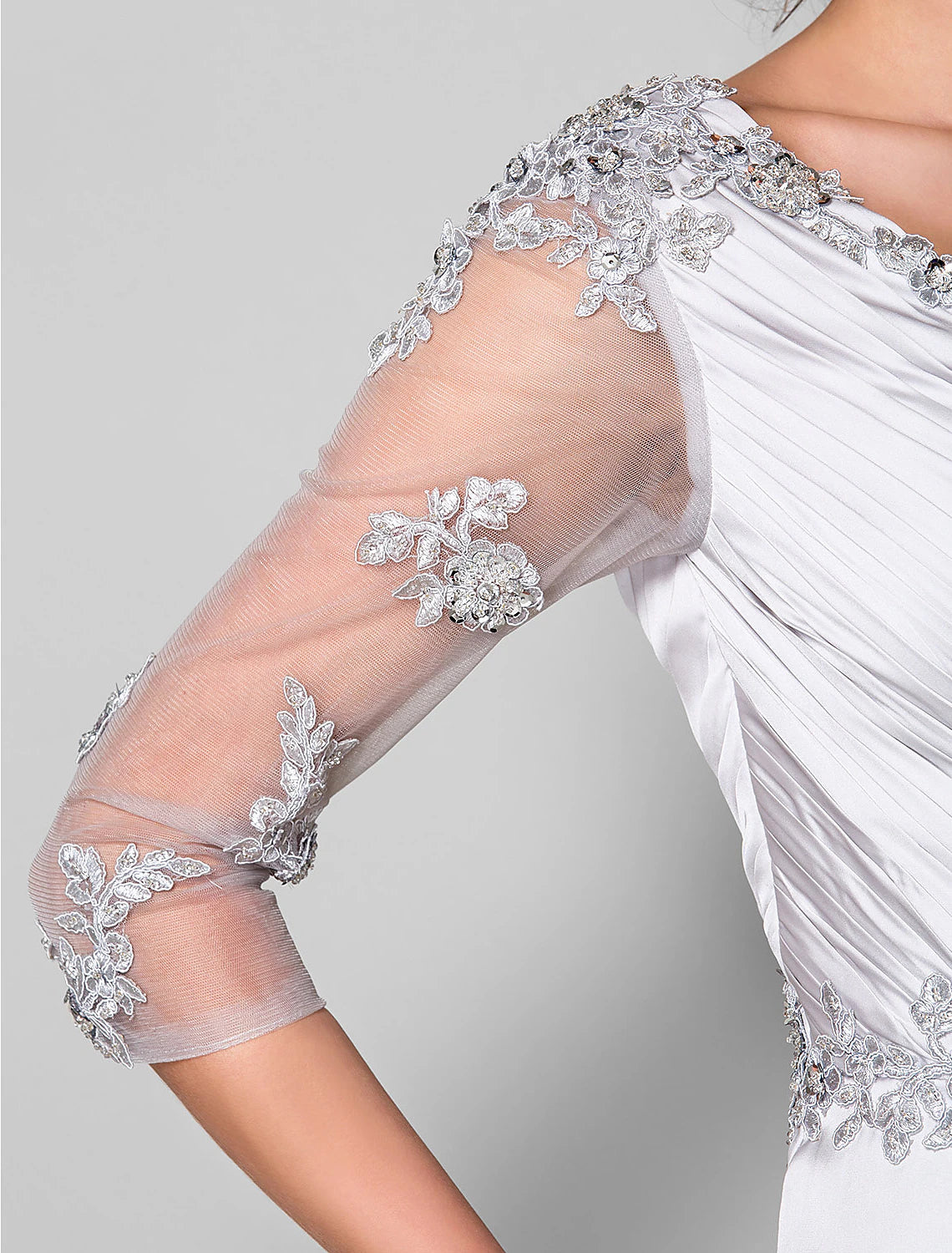 Wholesale A-Line Mother of the Bride Dress V Neck Sweep / Brush Train Satin Chiffon 3/4 Length Sleeve with Criss Cross Beading Appliques