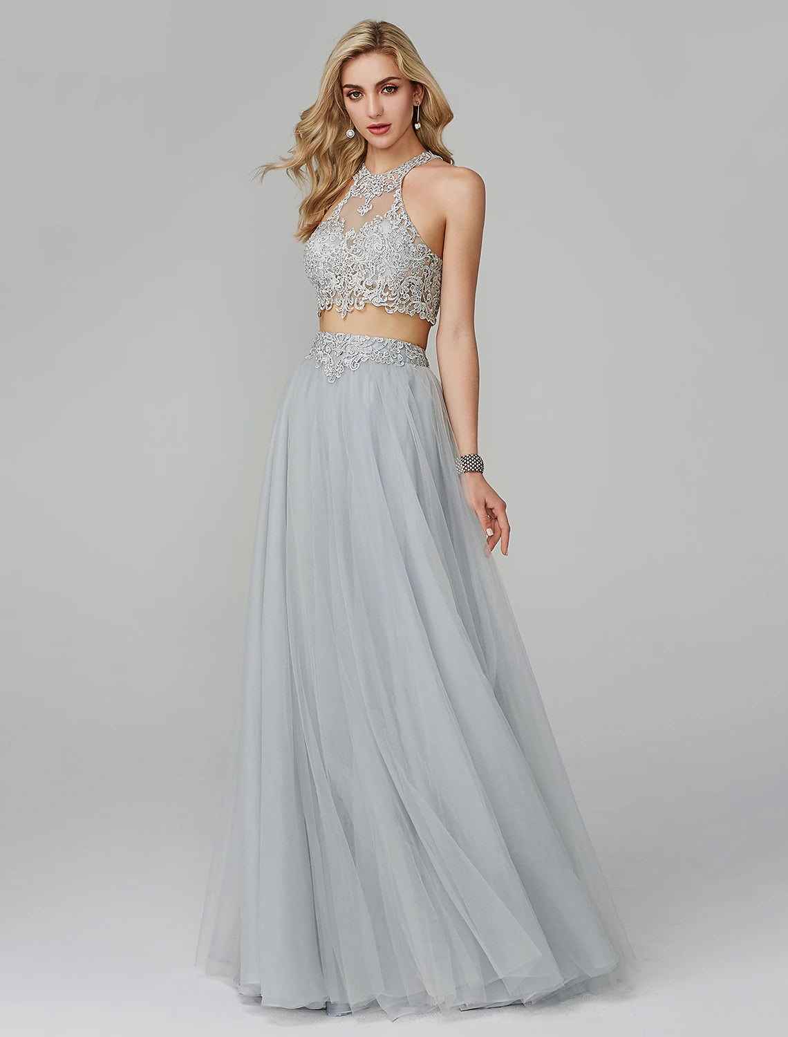 Wholesale  Two Piece Empire Prom Formal Evening Dress Halter Neck Sleeveless Floor Length Lace with Appliques