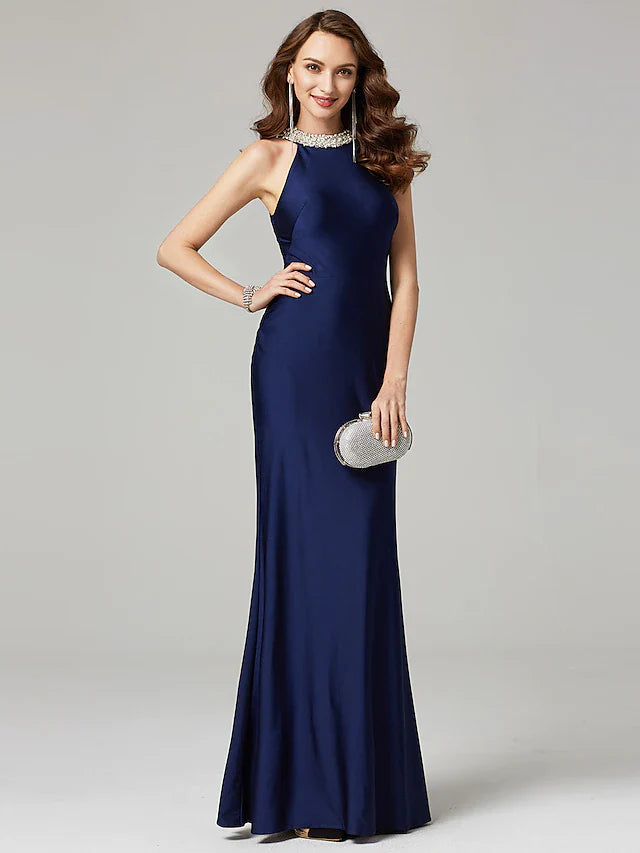 Wholesale Sheath / Column Mother of the Bride Dress Elegant Sexy Jewel Neck Floor Length Charmeuse Sleeveless with Pearls