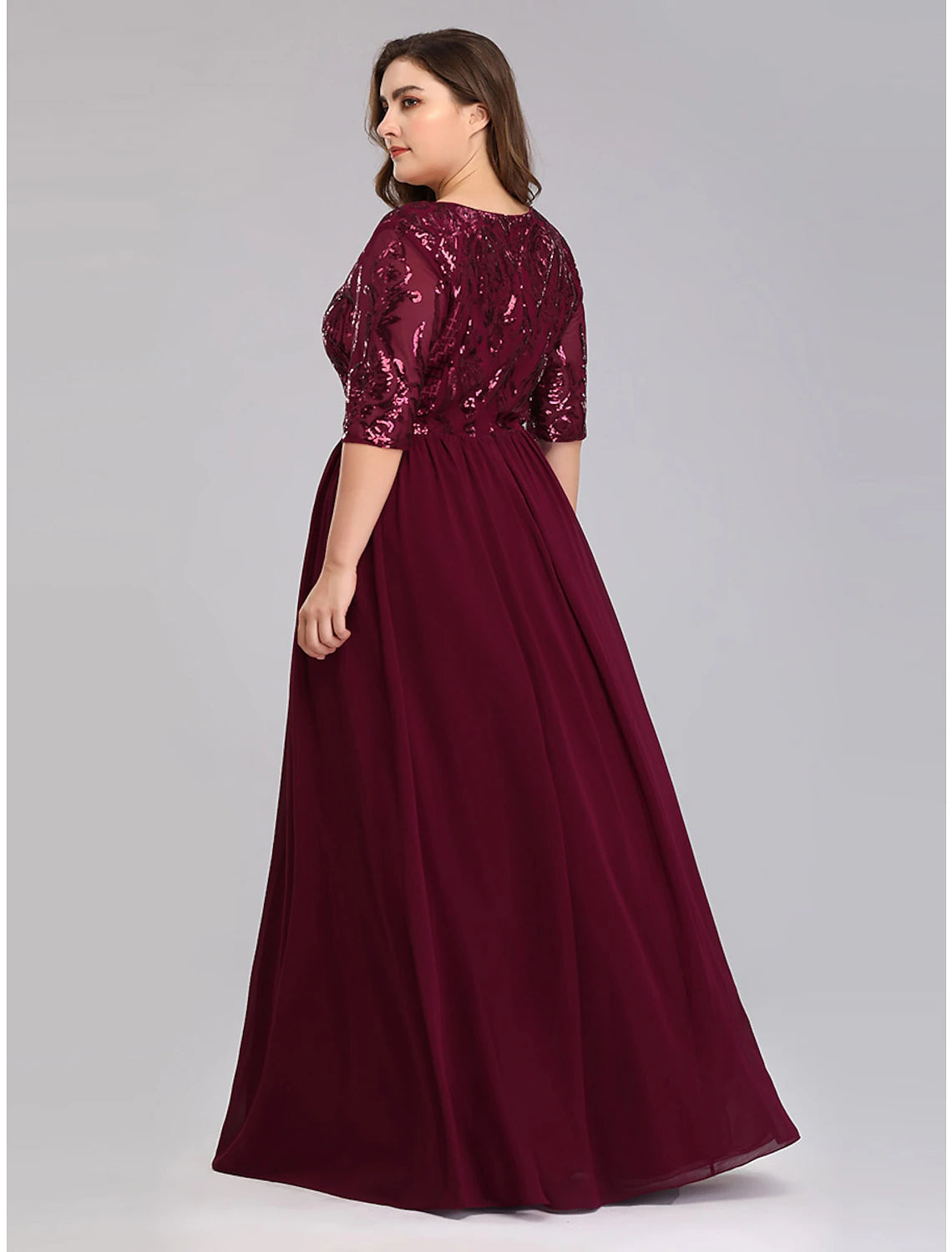 Wholesale  A-Line Prom Dresses Plus Size Dress Wedding Guest Prom Floor Length Half Sleeve Plunging Neck Chiffon with