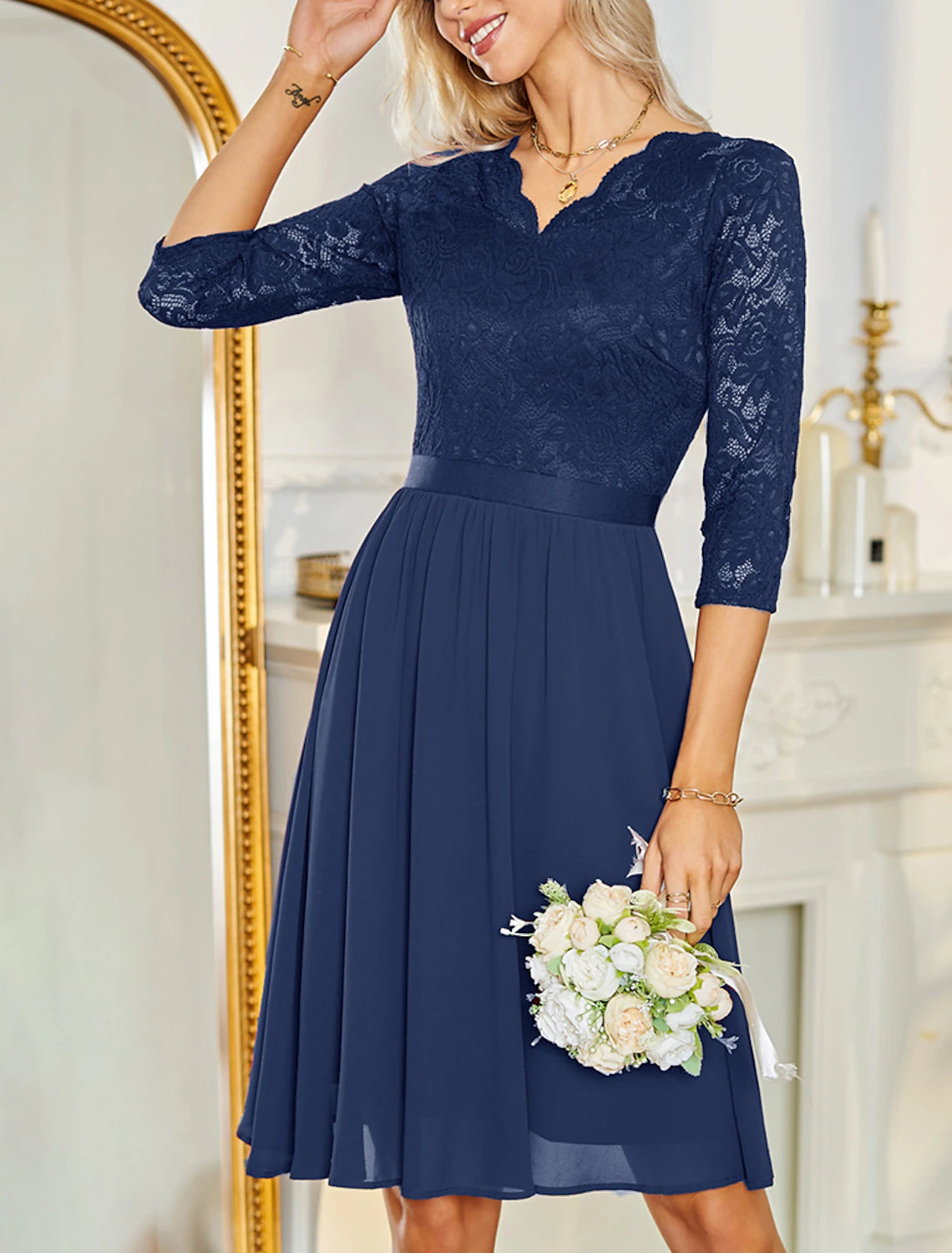 Wholesale A-Line Cocktail Dresses Vintage Dress Wedding Guest Party Wear Knee Length Half Sleeve V Neck Chiffon with Pleats