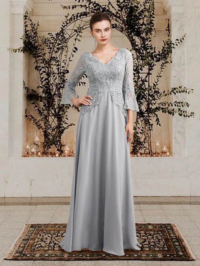 Wholesale A-Line Mother of the Bride Dress Plus Size Elegant V Neck Floor Length Chiffon Lace 3/4 Length Sleeve with Pleats Sequin Appliques