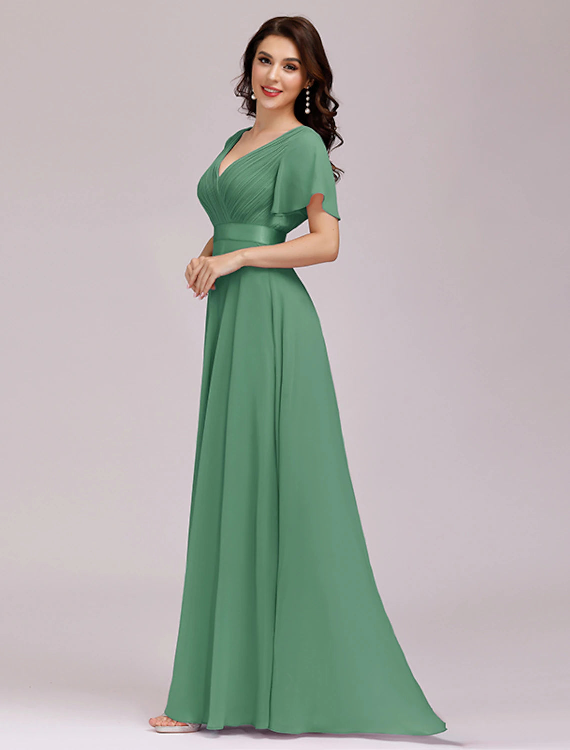 Wholesale A-Line Empire Fall Wedding Guest Dress For Bridesmaid Plus Size Formal Evening Dress V Neck Short Sleeve Floor Length Chiffon with Pleats Ruched