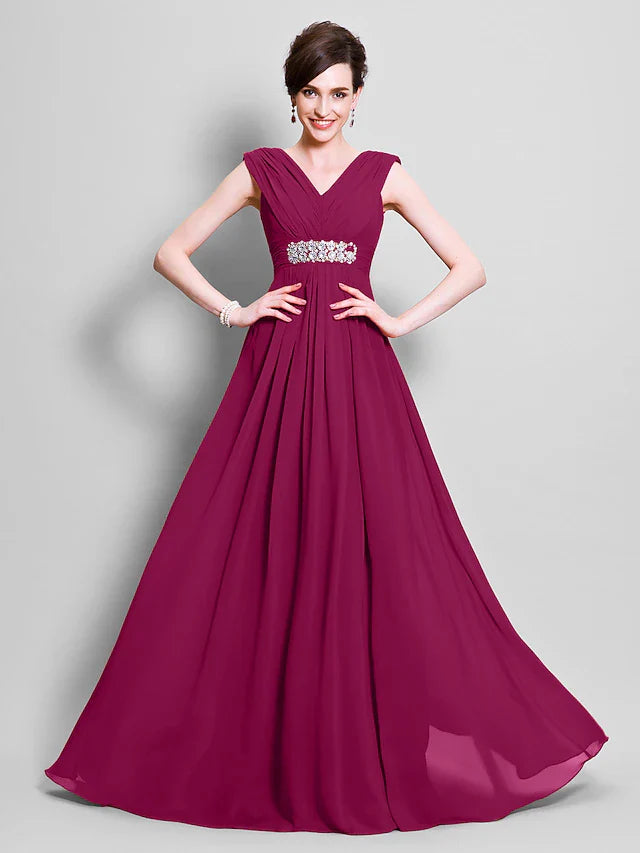 Wholesale A-Line Mother of the Bride Dress Open Back V Neck Floor Length Chiffon Sleeveless with Beading Side Draping