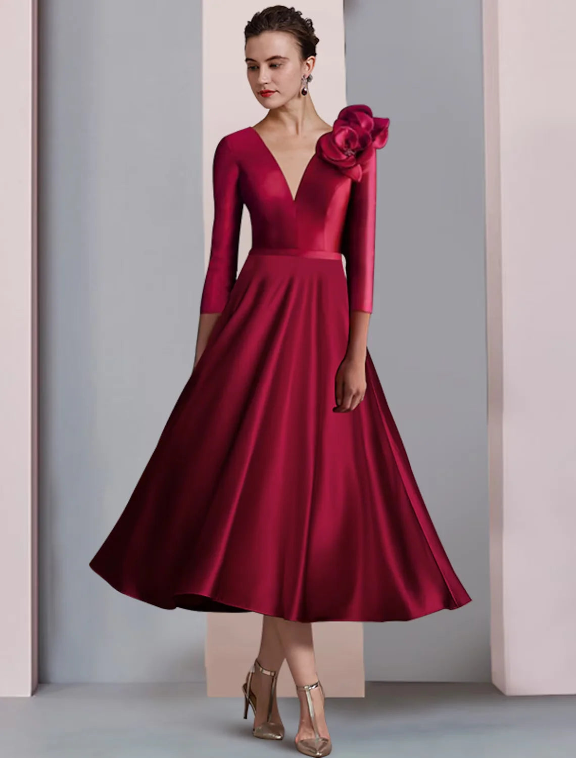 Wholesale A-Line Mother of the Bride Dress Wedding Guest Elegant V Neck Tea Length Satin 3/4 Length Sleeve with Pleats Flower