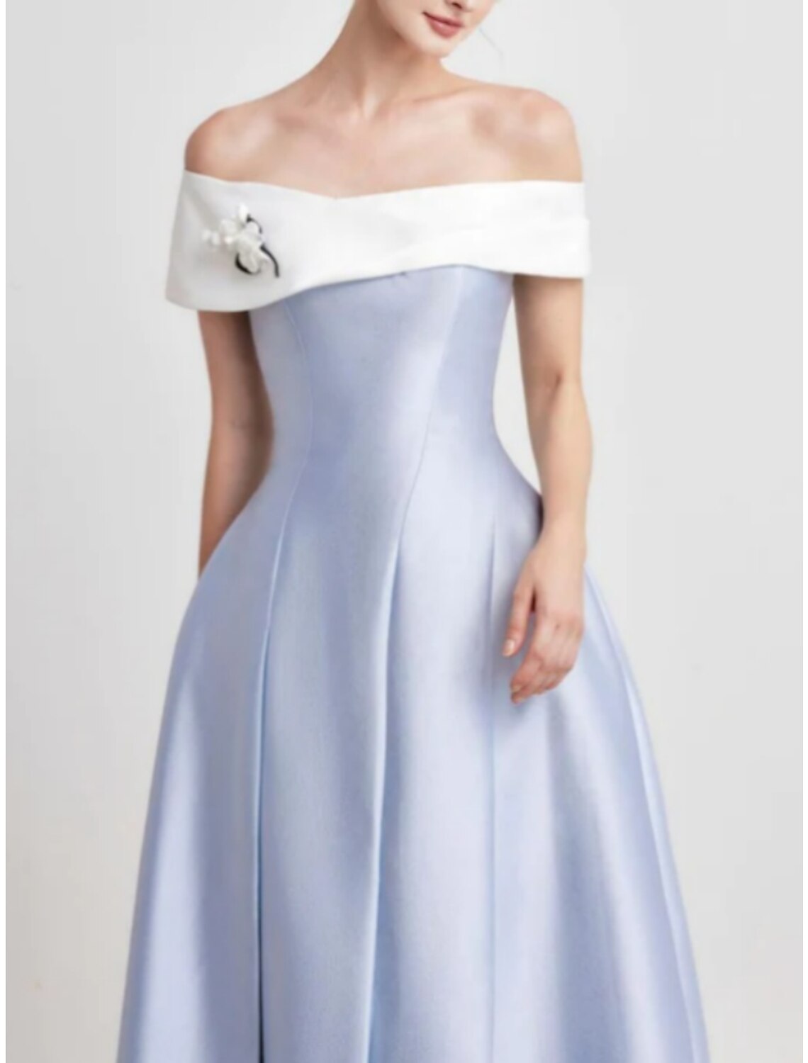 Wholesale A-Line Evening Gown Elegant Dress Formal Tea Length Short Sleeve Off Shoulder Satin with Pleats Shouder Flower