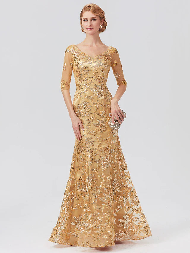 Wholesale Mermaid / Trumpet Mother of the Bride Dress Elegant Sparkle & Shine V Neck Floor Length Tulle Sequined Half Sleeve with Sequin